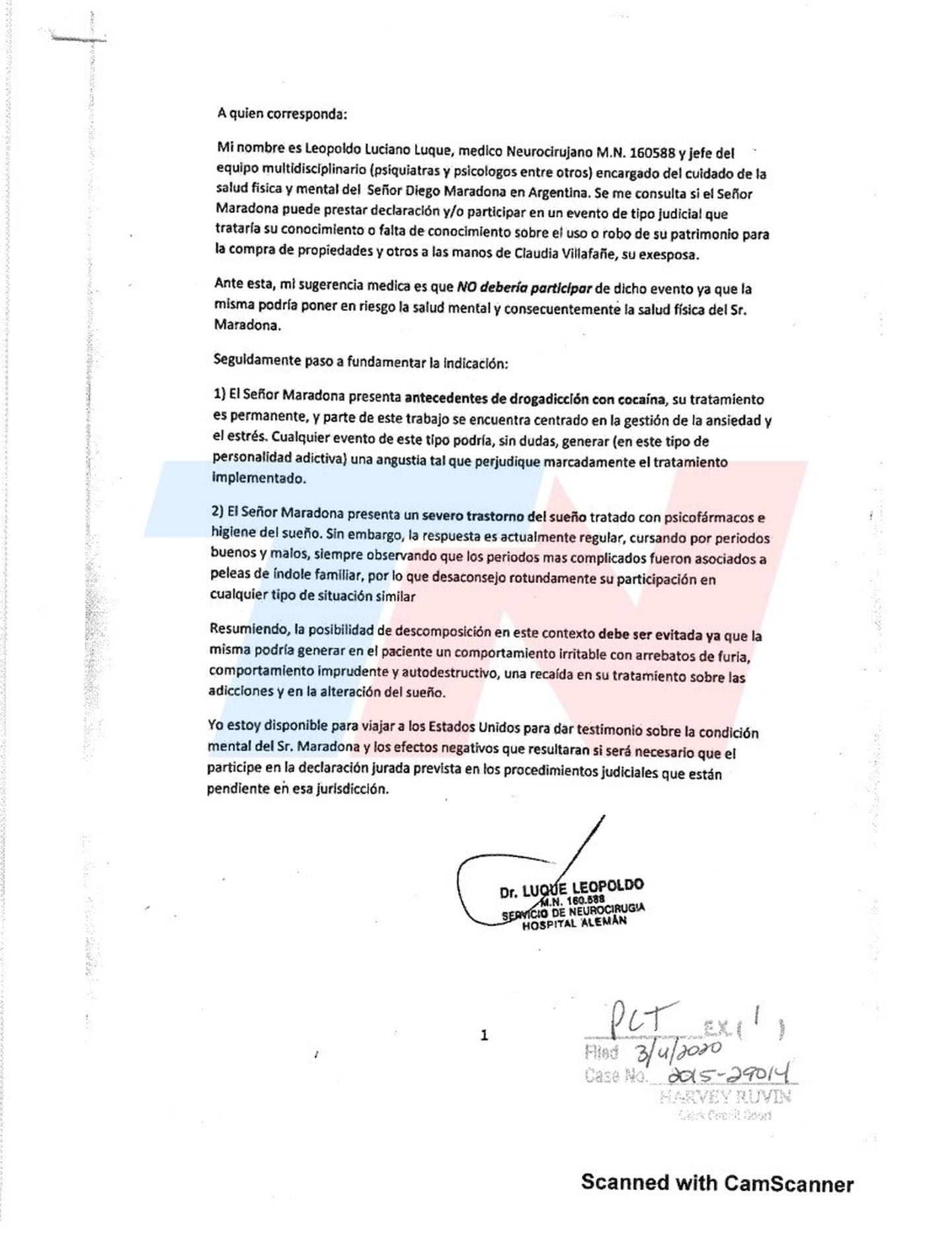 La carta que complica al médico Leopoldo Luque. (TN)