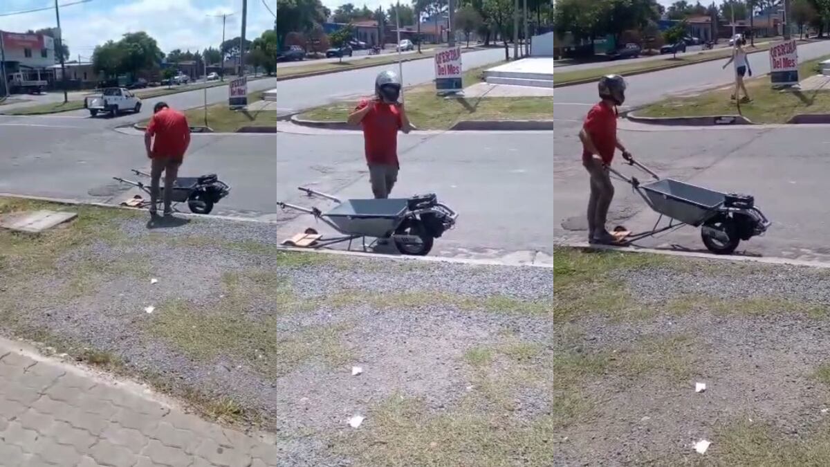 En Córdoba, el que no corre, vuela: furor por el albañil que transformó una carretilla en motocicleta