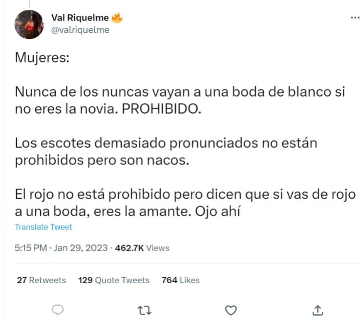 Val Riquelme, usuaria de Twitter, compartió su opinión sobre los distintos atuendos para la boda.