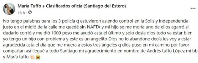 El agradecimiento de María a los tres policías de Santiago del Estero que ayudaron a salvar a su hijo.