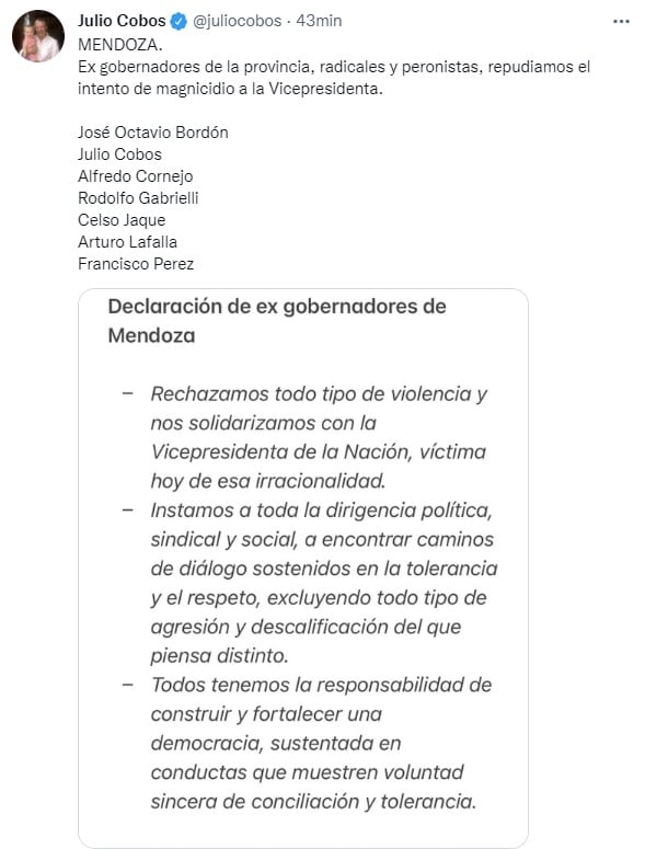 Repudio de ex gobernadores de Mendoza por el atentado que sufrió CFK.