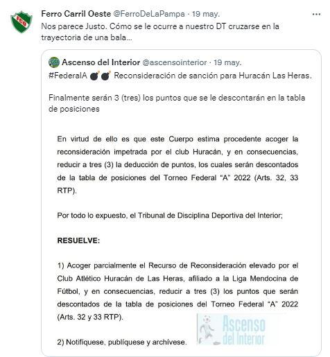 La respuesta de Ferro tras conocerse la reducción de la sanción aplicada a Huracán, después de los incidentes en el pasado torneo.