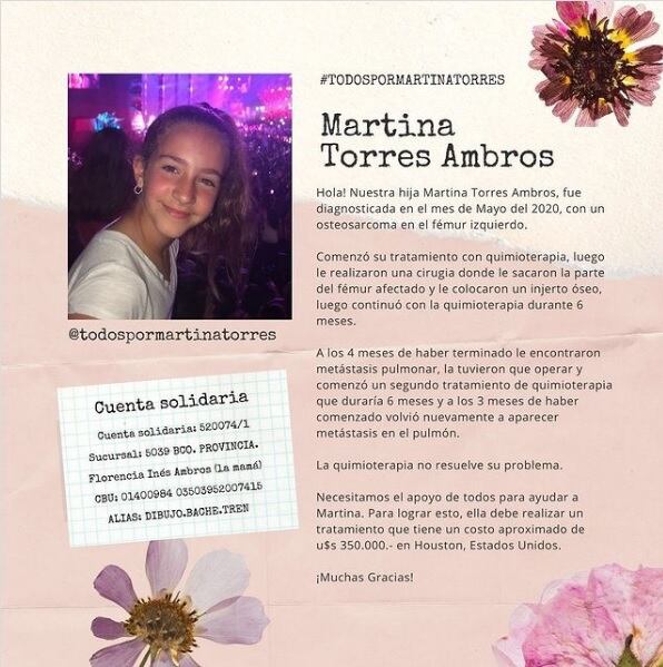 Martina Torres Ambros tiene 13 años y a los 11 le diagnosticaron un osteosarcoma en el fémur izquierdo.