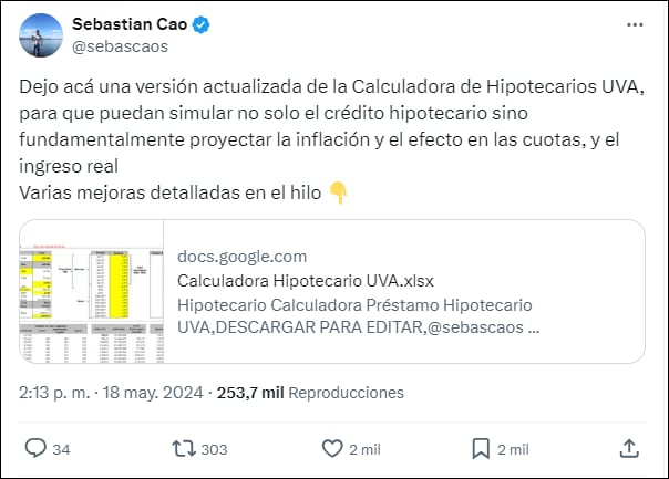 El usuario de X señaló algunos detalles sobre su calculadora de Créditos Hipotecarios UVA.