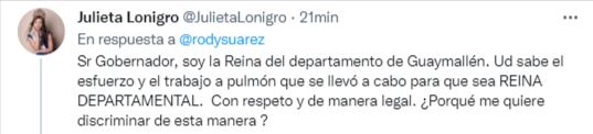 La respuesta de la reina blue a la propuesta del Gobernador para representar al departamento en la Fiesta de Vendimia.