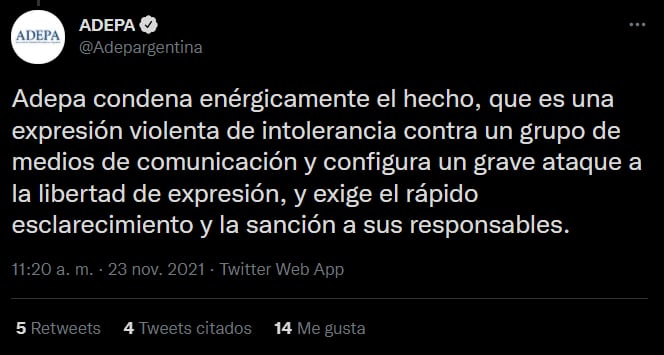 El comunicado de ADEPA contra los hechos de violencia