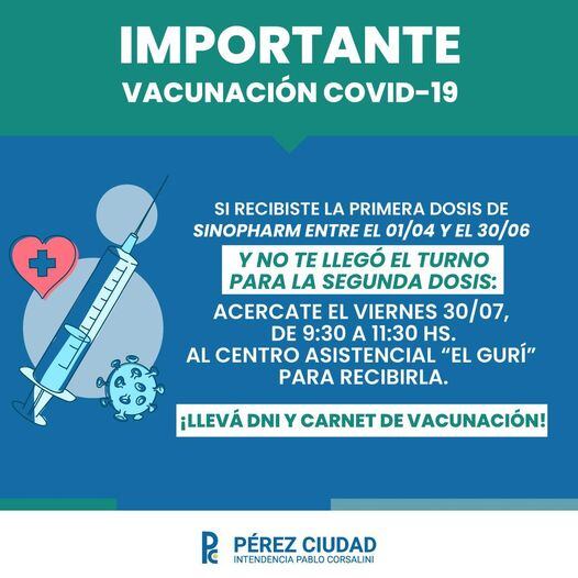 ¿Qué hago si no me llamaron para la segunda dosis de Sinopharm en Pérez? (Facebook Pérez Ciudad)