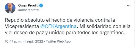 El tweet de apoyo de Omar Perotti a Cristina Fernández de Kirchner