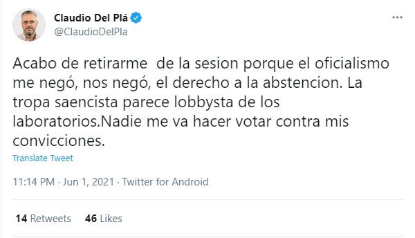 Claudio Del Plá se manifestó en contra de los convenios para la compra de vacunas.