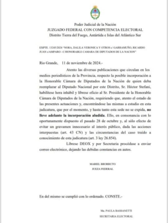 La Justicia Federal de Tierra del Fuego solicita a diputados suspender la sucesión de Héctor Stefani