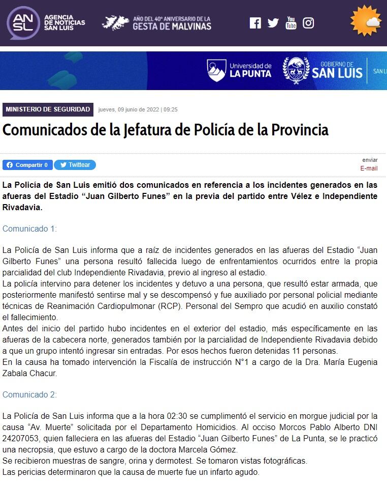 Informe de la Policía de San Luis.