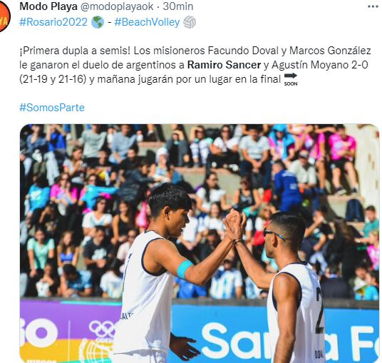 Ramiro Sancer y Agustín Moyano perdieron 2-0 (21-19 y 21-16) ante la otra dupla argentina: Facundo Doval y Marcos González que este sábado jugarán por un lugar en la final.