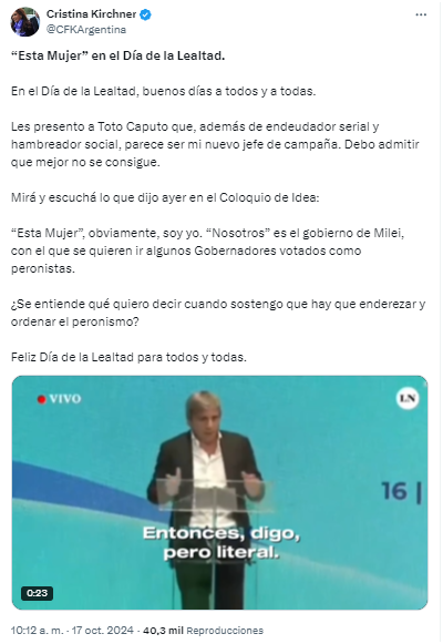 Cristina Kirchner chicaneó a Luis Caputo en X: “Mi nuevo jefe de campaña”