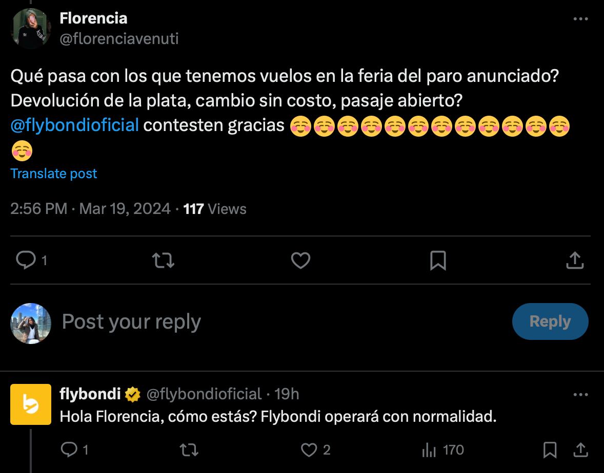 Respuesta de Flybondi sobre el paro de Semana Santa.