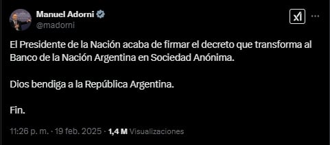 Manuel Adorni anunció el cambio del Banco Nación a Sociedad Anónima