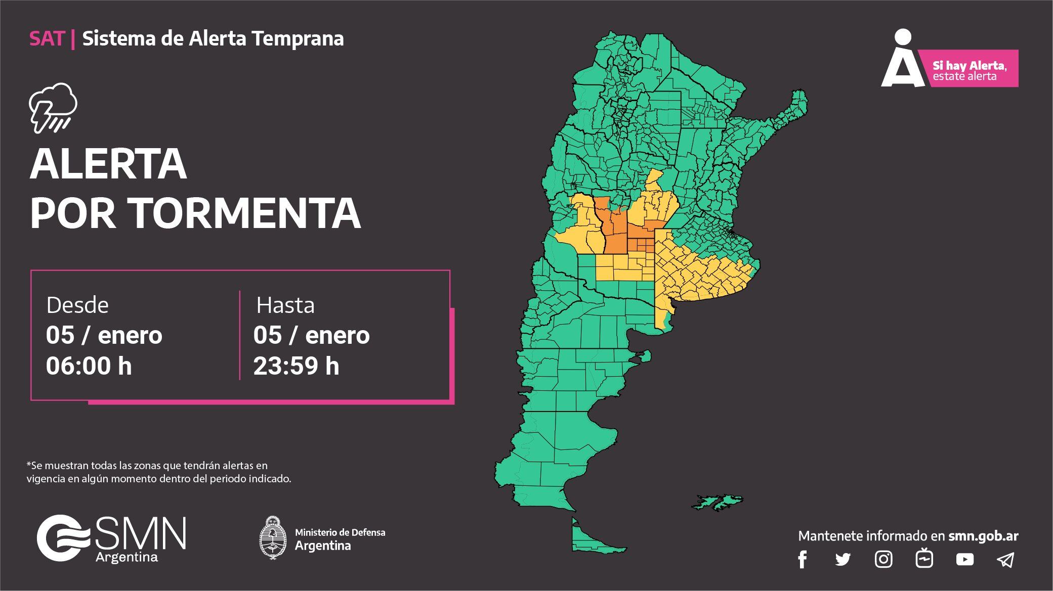 Alerta por tormentas para este viernes 5 de enero.