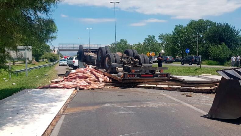 Volcó un camión con carne y perdió toda la mercadería.