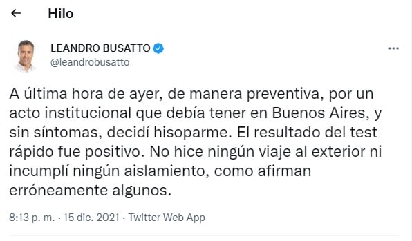 Tuit de Leandro Busatto tras el positivo de covid. (@leandrobusatto)