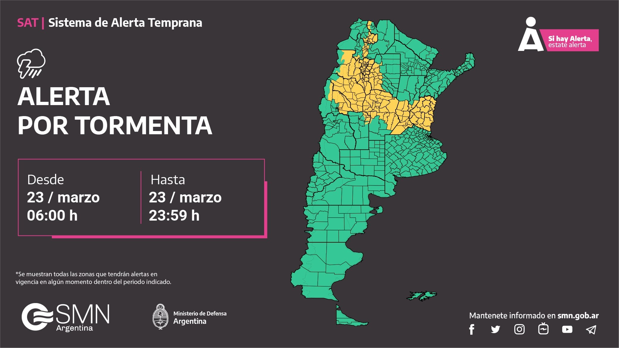 Alerta amarilla por tormentas para este jueves 23 de marzo.