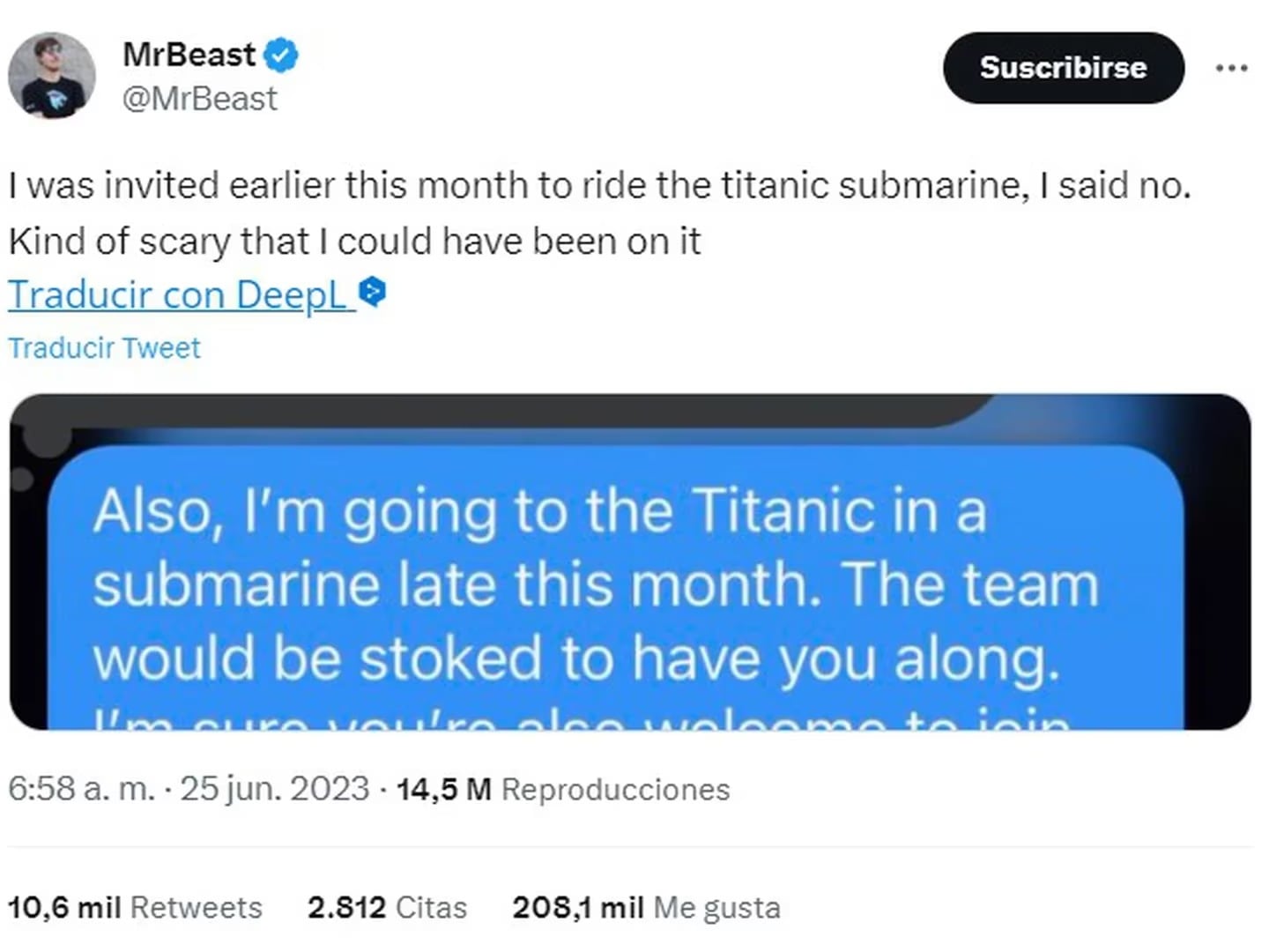 MrBeast compartió la conversación donde una persona lo invita a visitar el Titanic a bordo del submarino de OceanGate