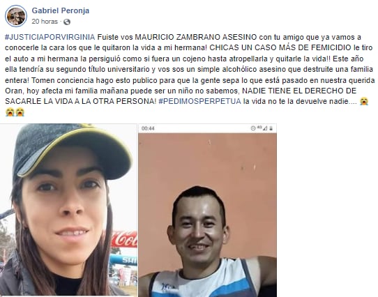 El descargo del hermano de Virginia Peronja luego de que la chocaran y mataran.