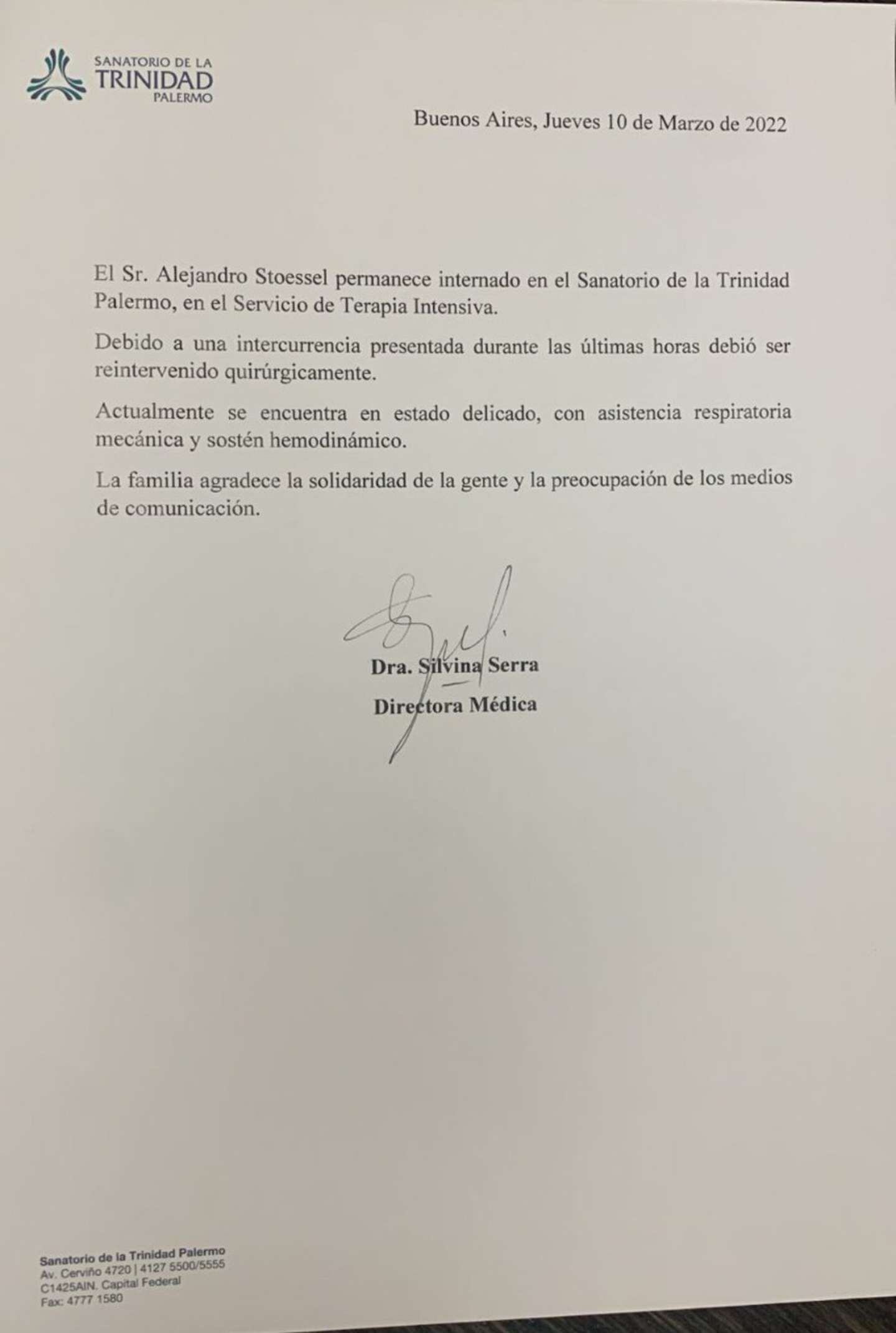 Operaron de urgencia a Alejandro Stoessel en el Sanatorio de la Trinidad.