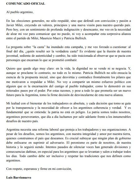 Barrionuevo quitó su apoyo a la candidatura de Javier Milei