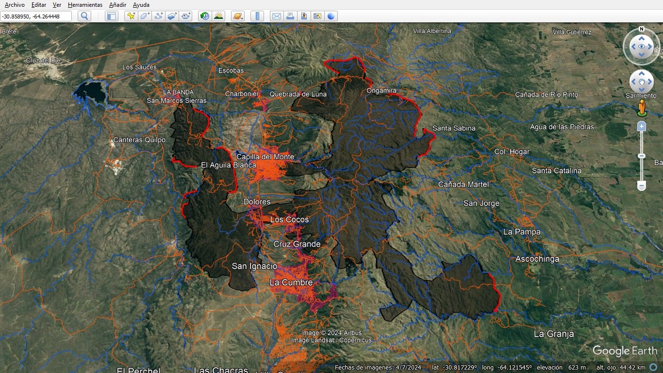 El mapa de las zonas incendiadas en Córdoba.