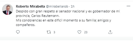 Roberto Mirabella se despidió de Carlos Reutemann a través de las redes sociales