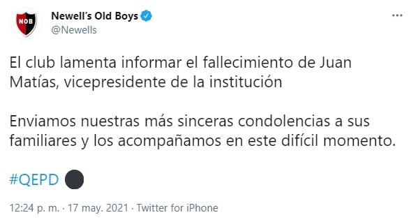 El comunicado sobre el fallecimiento de Matías se publicó al mediodía.