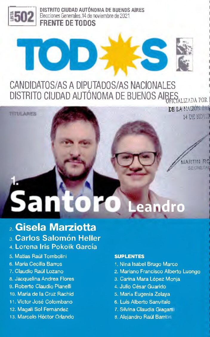 Boleta electoral del "Frente de Todos" para las Elecciones 2021 en Ciudad de Buenos Aires, con Leandro Santoro a la cabeza de la lista.