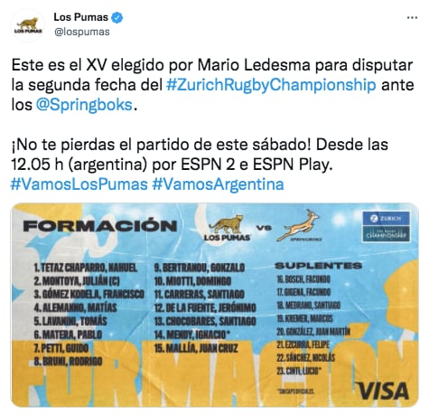 Mario Ledesma confirmó los titulares de Los Pumas que se enfrentarán ante Sudáfrica.