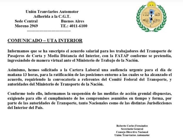 Paro de la UTA: hubo acuerdo y habrá transporte este jueves y viernes.