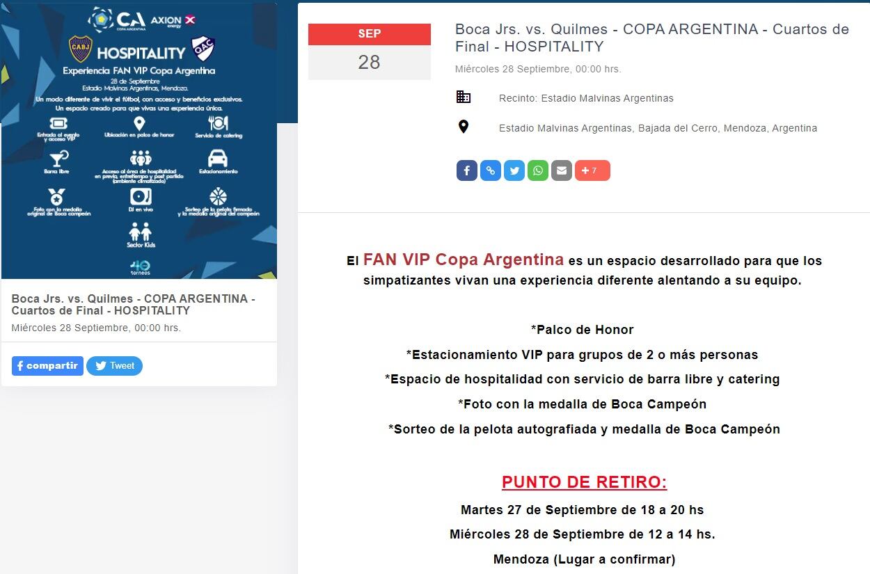 Venta de entradas Boca Junior vs. Quilmes, en Mendoza.