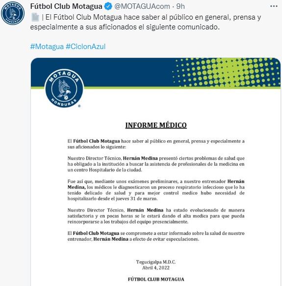 El comunicado de Motagua, sobre la salud de la Tota Medina.