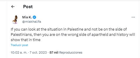 Atentado a Israel: Mia Khalifa manifestó su opinión y mostró su apoyo a Palestina