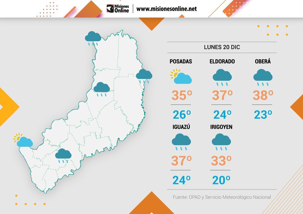 Probabilidad de tormentas para la jornada del lunes en Misiones.