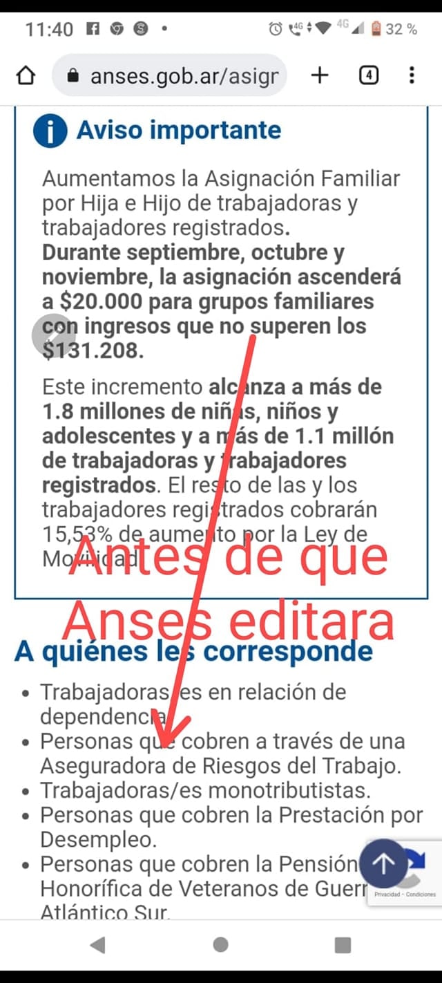 Captura de la página oficial de ANSES antes del decreto 578/2022.