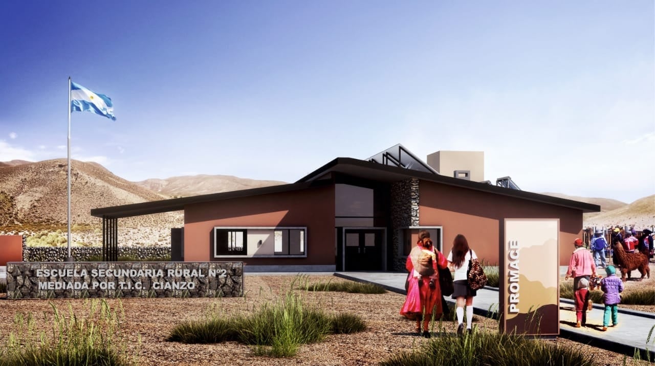 El edificio de la Escuela Secundaria Rural N° 2 de Cianzo, ubicada en cercanías a la Ruta Nº 73, será funcional y flexible, con un bajo impacto ambiental, de arquitectura bioclimática, sustentable y con energía solar.