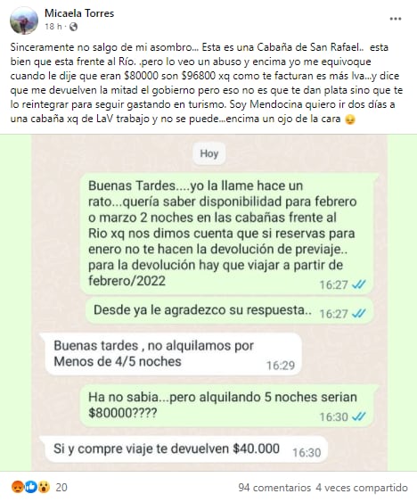 Una mendocina hace su descargo por los altos precios ofrecidos para vacacionar unos días en la provincia.