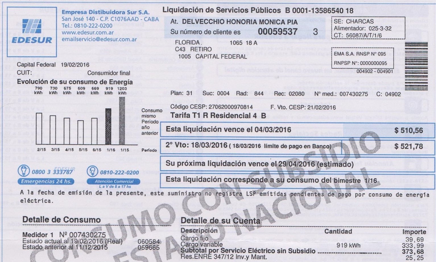 La boleta de luz de Maslatón en marzo 2015. 