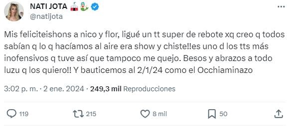 El descargo de Nati Jota tras la confirmación de Occhiamin, el romance de Nico Occhiato y Flor Jazmín