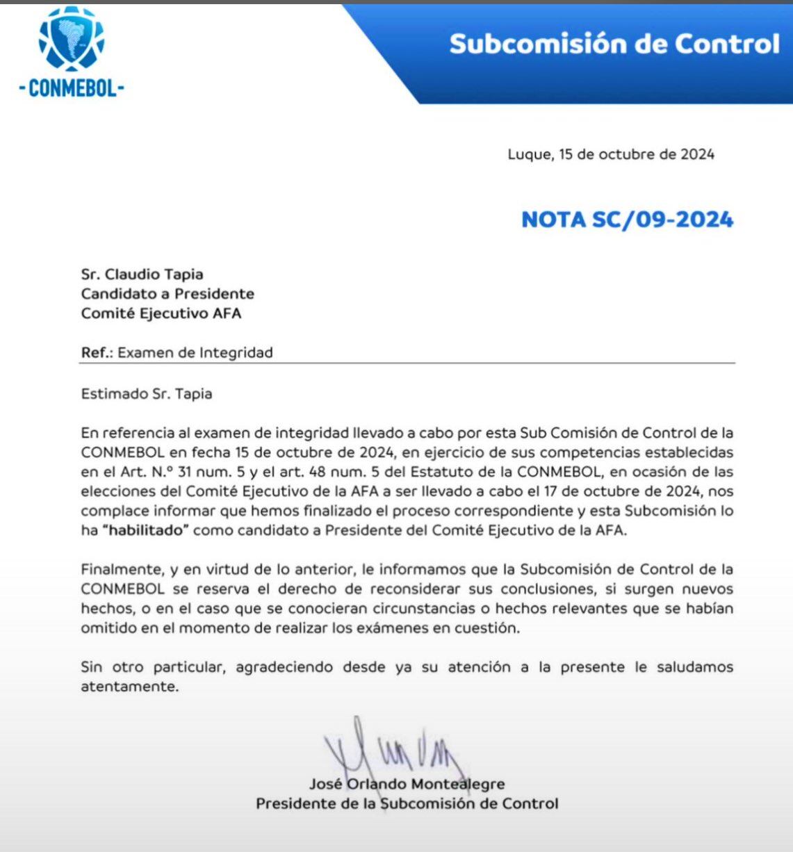 Conmebol habilitó a Tapia para ser presidente. (Conmebol).