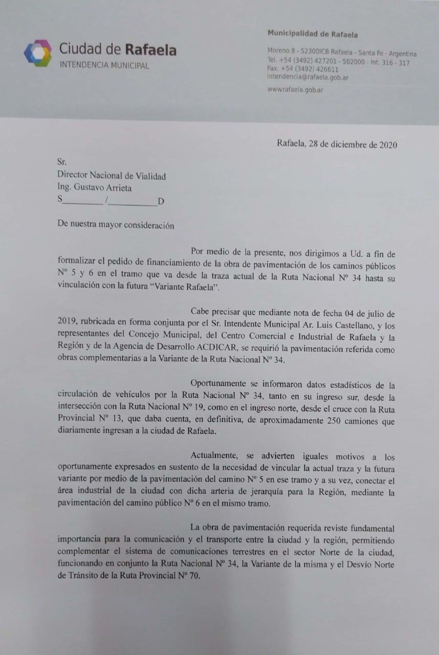 Nota presentada por instituciones de la ciudad pidiendo a Vialidad Nacional la pavimentación de los caminos 5 y 6