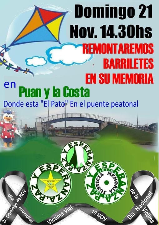 Este domingo la Asociación ONG Familiares de Víctimas del Delito y Transito de nuestra ciudad, llevará a cabo un evento de Concientización y Memoria Puan y la costa.