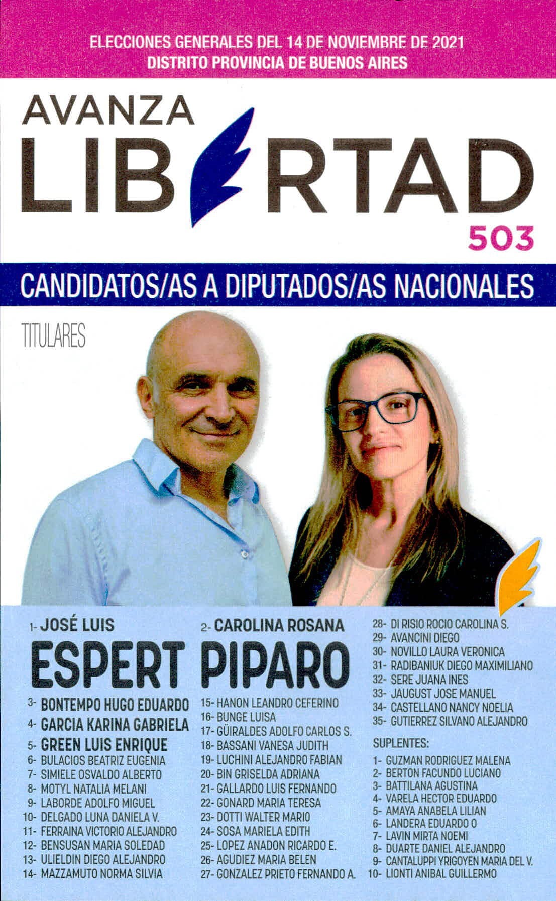 Boleta electoral de "Avanza Libertad" para las Elecciones 2021 en la Provincia de Buenos Aires, con José Luis Espert a la cabeza de la lista.