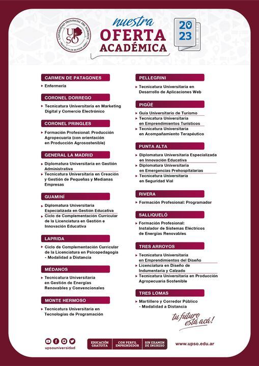 La Universidad Provincial del Sudoeste ya tiene su oferta académica 2023