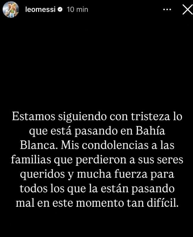 Lionel Messi compartió un sentido mensaje en Instagram respecto al temporal en Bahía Blanca.