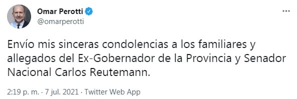 Tuit de Omar Perotti por la muerte de Carlos Reutemann