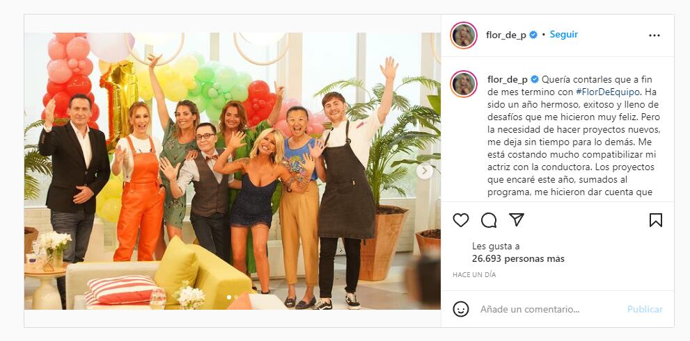 Florencia Peña compartió un sentido mensaje expresando su nostalgia por el fin de Flor de Equipo.